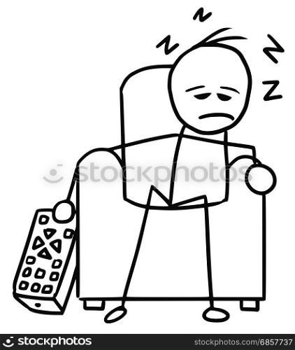 Cartoon vector doodle stickman Sleeping in the Chair in front of television
