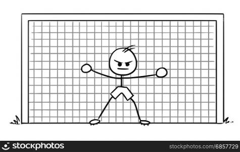 Cartoon vector doodle stickman soccer football goalkeeper is ready to catch a ball