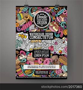 Cartoon vector doodle Sweets poster template. Corporate identity for the use on invitations, placards, cards, presentations. Funny colorful and line art design. Cartoon vector doodles Sweets poster template.
