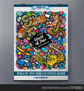 Cartoon vector doodle Toys poster template. Funny colorful corporate identity.. Cartoon vector doodle Toys poster template.