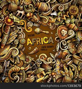 Cartoon vector doodles Africa frame illustration. Colorful, detailed, with lots of objects background. All objects separate. Bright colors african culture funny border. Cartoon vector doodles Africa frame