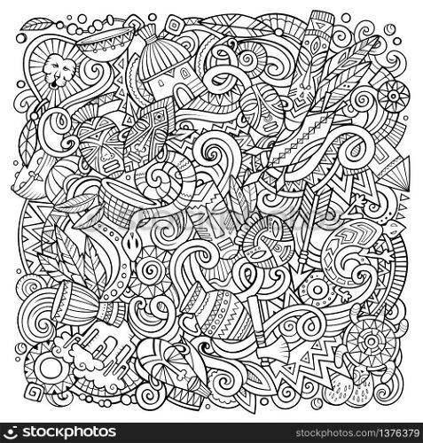 Cartoon vector doodles Africa illustration. Sketchy, detailed, with lots of objects background. All objects separate. Line art african culture funny picture. Cartoon cute sketchy vector doodles Africa illustration