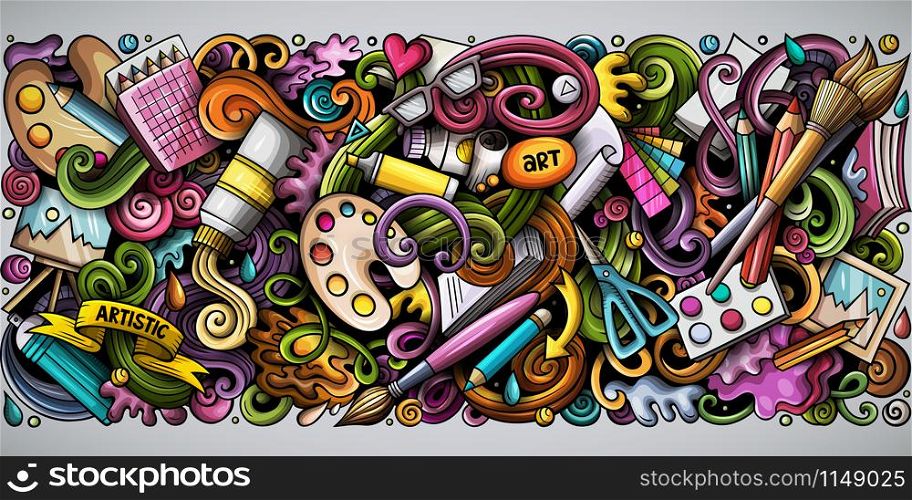 Cartoon vector doodles Art and Design horizontal stripe illustration. Colorful detailed, with lots of objects illustration. All items are separate. Cartoon vector doodles Art and Design horizontal stripe illustration