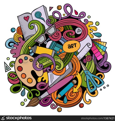 Cartoon vector doodles Art and Design illustration. Colorful, detailed, with lots of objects background. All objects separate. Bright colors artistic funny picture. Cartoon vector doodles Art and Design illustration.