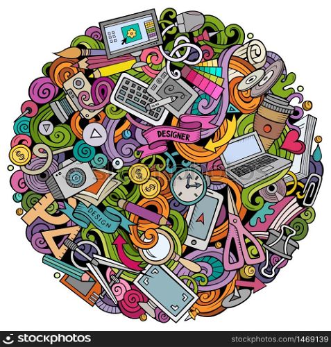 Cartoon vector doodles Art and Design illustration. Colorful, detailed, with lots of objects background. All objects separate. Bright colors artistick funny picture. Cartoon vector doodles Art and Design illustration