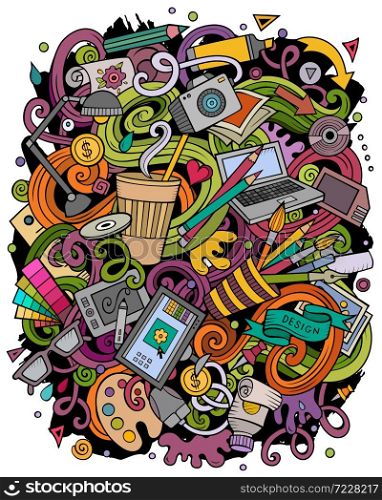 Cartoon vector doodles Art and Design illustration. Colorful, detailed, with lots of objects background. Bright colors artistick funny picture. Cartoon vector doodles Art and Design illustration