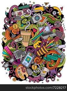 Cartoon vector doodles Art and Design illustration. Colorful, detailed, with lots of objects background. Bright colors artistick funny picture. Cartoon vector doodles Art and Design illustration