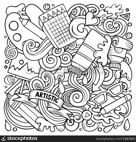Cartoon vector doodles Art and Design illustration. Line art, detailed, with lots of objects background. All objects separate. Contour drawing artistick funny picture. Cartoon vector doodles Art and Design illustration