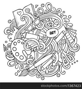 Cartoon vector doodles Art and Design illustration. Line art, detailed, with lots of objects background. All objects separate. Contour artistic funny picture. Cartoon vector doodles Art and Design illustration.