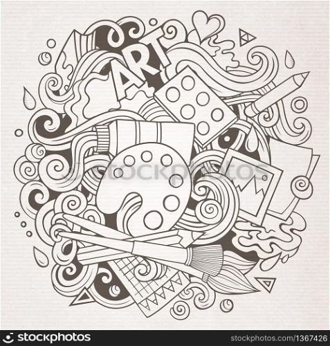 Cartoon vector doodles Art and Design illustration. Line art, detailed, with lots of objects background. All objects separate. Contour artistic funny picture. Cartoon vector doodles Art and Design illustration