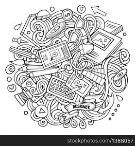 Cartoon vector doodles Art and Design illustration. Line art, detailed, with lots of objects background. All objects separate. Contour artistic funny picture. Cartoon vector doodles Art and Design illustration.
