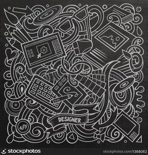 Cartoon vector doodles Art and Design illustration. Line art, detailed, with lots of objects background. All objects separate. Chalkboard artistick funny picture. Cartoon vector doodles Art and Design illustration