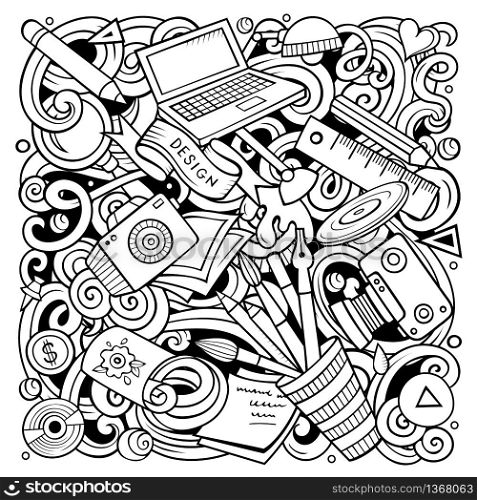Cartoon vector doodles Art and Design illustration. Line art, detailed, with lots of objects background. All objects separate. Contour drawing artistick funny picture. Cartoon vector doodles Art and Design illustration