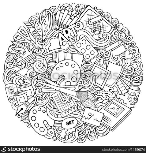 Cartoon vector doodles Art and Design illustration. Line art, detailed, with lots of objects background. All objects separate. Sketchy artistic funny picture. Cartoon vector doodles Art and Design illustration