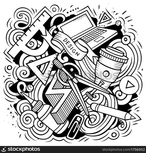 Cartoon vector doodles Art and Design illustration. Line art, detailed, with lots of objects background. All objects separate. Artistic funny picture. Cartoon vector doodles Art and Design illustration