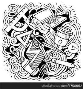 Cartoon vector doodles Art and Design illustration. Line art, detailed, with lots of objects background. All objects separate. Artistic funny picture. Cartoon vector doodles Art and Design illustration