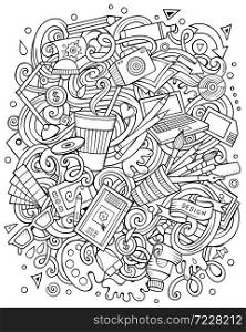 Cartoon vector doodles Art and Design illustration. Line art, detailed, with lots of objects background. Bright sketchy artistick funny picture. Cartoon vector doodles Art and Design illustration