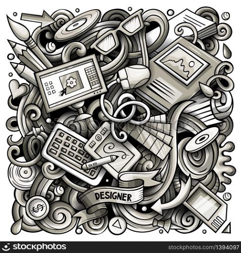 Cartoon vector doodles Art and Design illustration. Monochrome, detailed, with lots of objects background. All objects separate. Toned artistick funny picture. Cartoon vector doodles Art and Design illustration