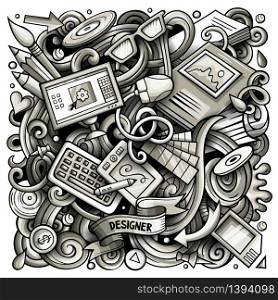 Cartoon vector doodles Art and Design illustration. Monochrome, detailed, with lots of objects background. All objects separate. Toned artistick funny picture. Cartoon vector doodles Art and Design illustration
