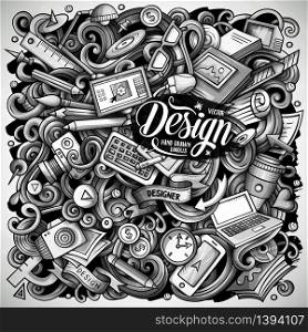 Cartoon vector doodles Art and Design illustration. Monochrome, detailed, with lots of objects background. All objects separate. Bright colors artistick funny picture. Cartoon vector doodles Art and Design illustration. Monochrome background.