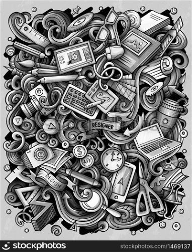 Cartoon vector doodles Art and Design illustration. Monochrome, detailed, with lots of objects background. All objects separate. Bright colors artistick funny picture. Cartoon vector doodles Art and Design illustration. Monochrome background.