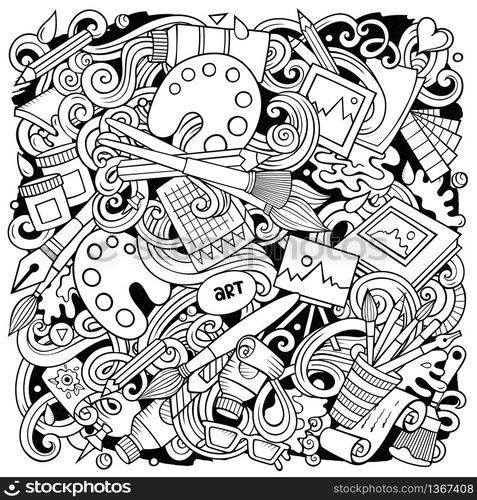 Cartoon vector doodles Art and Design illustration. Sketchy, detailed, with lots of objects background. All objects separate. Contour drawing artistic funny picture. Cartoon vector doodles Art and Design illustration.