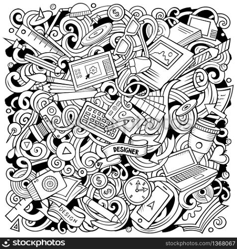 Cartoon vector doodles Art and Design illustration. Sketchy, detailed, with lots of objects background. All objects separate. Contour drawing artistic funny picture. Cartoon vector doodles Art and Design illustration.