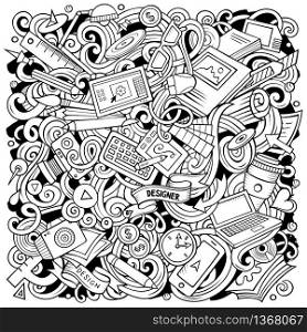 Cartoon vector doodles Art and Design illustration. Sketchy, detailed, with lots of objects background. All objects separate. Contour drawing artistic funny picture. Cartoon vector doodles Art and Design illustration.