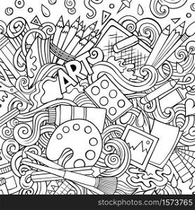 Cartoon vector doodles Art card. Line art detailed, with lots of objects illustration. All items are separate. Artistic funny border. Cartoon vector doodles Art card. Artistic funny border