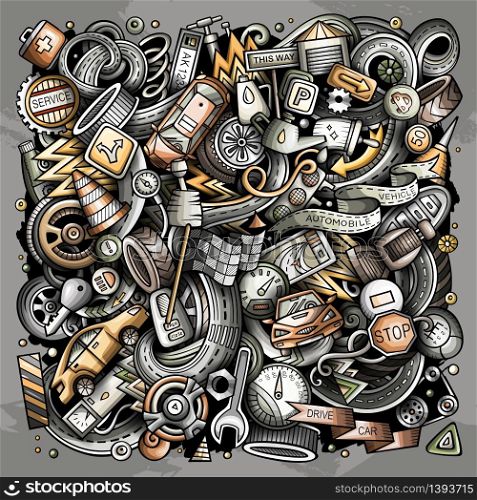 Cartoon vector doodles Automotive illustration. Colorful, detailed, with lots of objects background. All objects separate. Bright colors Cars service funny picture. Cartoon vector doodles Automotive illustration