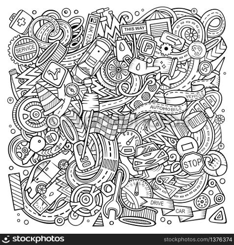 Cartoon vector doodles Automotive illustration. Line art, detailed, with lots of objects background. All objects separate. Sketchy Cars service funny picture. Cartoon vector doodles Automotive illustration
