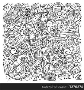 Cartoon vector doodles Automotive illustration. Line art, detailed, with lots of objects background. All objects separate. Sketchy Cars service funny picture. Cartoon vector doodles Automotive illustration