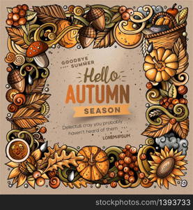 Cartoon vector doodles Autumn frame design. Colorful detailed, with lots of objects illustration. All items are separate. Bright colors fall funny border. Cartoon cute doodles hand drawn Autumn frame design. All items are separate.