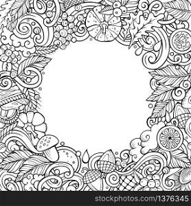 Cartoon vector doodles Autumn frame design. Line art detailed, with lots of objects illustration. All items are separate. Sketchy fall funny border. Cartoon cute doodles hand drawn Autumn frame design. All items are separate.