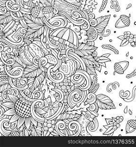 Cartoon vector doodles Autumn frame design. Line art detailed, with lots of objects illustration. Sketchy fall funny border. Cartoon vector doodles Autumn frame. Line art, with lots of objects illustration