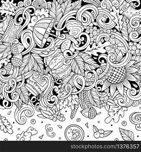 Cartoon vector doodles Autumn frame design. Line art detailed, with lots of objects illustration. Sketchy fall funny border. Cartoon vector doodles Autumn frame. Line art, with lots of objects illustration