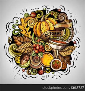 Cartoon vector doodles Autumn illustration. Colorful detailed, with lots of objects background. All items are separate. Bright colors fall funny picture. Cartoon doodles Autumn illustration. All items are separate.
