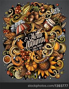 Cartoon vector doodles Autumn illustration. Colorful detailed, with lots of objects background. All items are separate. Bright colors fall funny picture. Cartoon cute doodles hand drawn Autumn illustration. All items are separate.