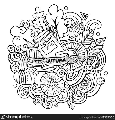 Cartoon vector doodles Autumn illustration. Line art detailed, with lots of objects background. All items are separate. Contour fall funny picture. Cartoon doodles Autumn illustration. All items are separate.