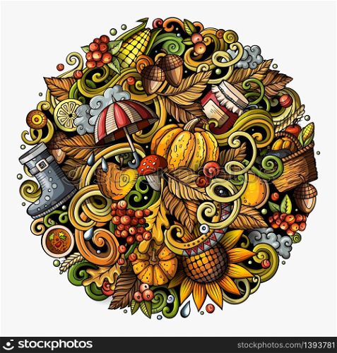 Cartoon vector doodles Autumn round illustration. Colorful detailed, with lots of objects background. All items are separate. Bright colors fall funny picture. Cartoon cute doodles hand drawn Autumn round illustration. All items are separate.