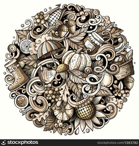Cartoon vector doodles Autumn round illustration. Monochrome detailed, with lots of objects background. All items are separate. Toned fall funny picture. Cartoon cute doodles hand drawn Autumn round illustration