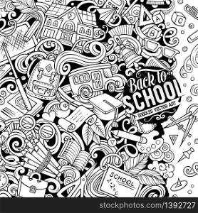 Cartoon vector doodles Back to school frame. Line art, detailed, with lots of objects background. All items are separate. Sketchy education funny border. Cartoon vector doodles Back to school frame