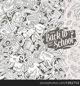 Cartoon vector doodles Back to school frame. Line art, detailed, with lots of objects background. All items are separate. Sketchy education funny border. Cartoon vector doodles Back to school frame