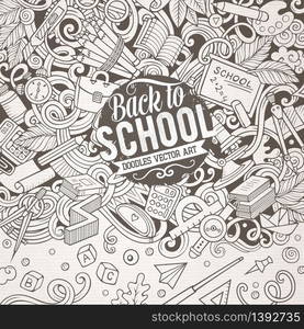 Cartoon vector doodles Back to school frame. Line art, detailed, with lots of objects background. All items are separate. Sketchy education funny border. Cartoon vector doodles Back to school frame