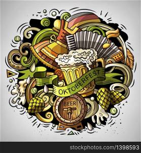 Cartoon vector doodles Beer fest illustration. Colorful detailed, with lots of objects background. All items are separate. Bright colors Oktoberfest funny picture. Cartoon vector doodles Beer fest illustration