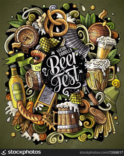 Cartoon vector doodles Beer fest illustration. Colorful, detailed, with lots of objects background. All objects separate. Bright colors Oktoberfest funny picture. Cartoon vector doodles Beer fest illustration. Oktoberfest funny picture