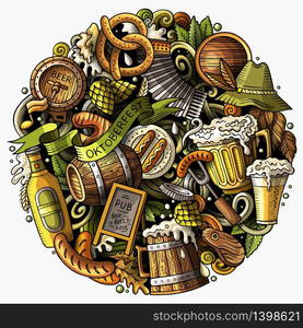 Cartoon vector doodles Beer fest illustration. Colorful, detailed, with lots of objects background. All objects separate. Bright colors Oktoberfest funny round picture. Cartoon vector doodles Beer fest illustration