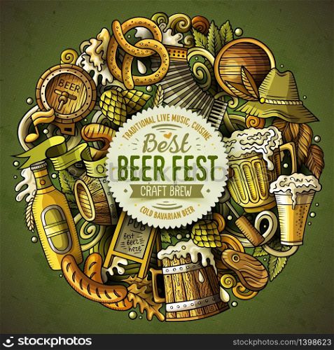 Cartoon vector doodles Beer fest illustration. Colorful, detailed, with lots of objects background. All objects separate. Bright colors Oktoberfest funny round picture. Cartoon vector doodles Beer fest illustration
