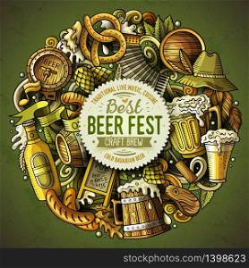 Cartoon vector doodles Beer fest illustration. Colorful, detailed, with lots of objects background. All objects separate. Bright colors Oktoberfest funny round picture. Cartoon vector doodles Beer fest illustration