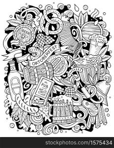 Cartoon vector doodles Beer fest illustration. Line art, detailed, with lots of objects background. All objects separate. Sketchy Oktoberfest funny picture. Cartoon vector doodles Beer fest illustration. Oktoberfest funny picture